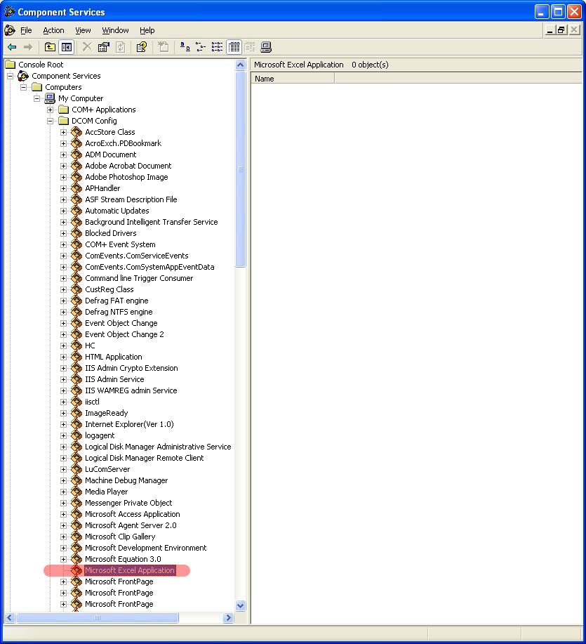 Component Services window with the folders selected as follows: ConsoleRoot->ComponentServices->Computers->MyComputer->DCOMConfig->MicrosoftExcelApplication