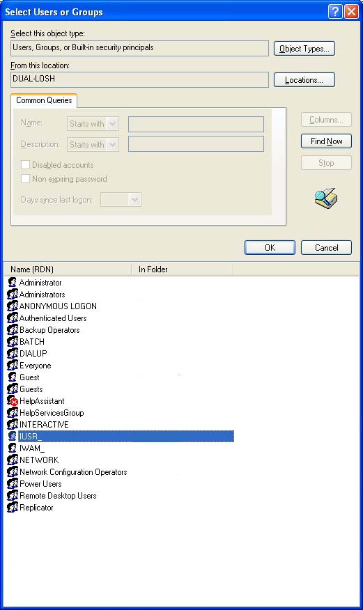 Select Users or Groups window with IUSR selected from dropdown menu