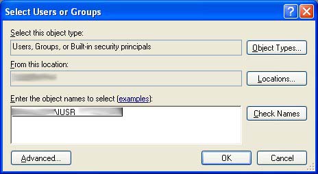 Select Users or Groups window after /IUSR is selected